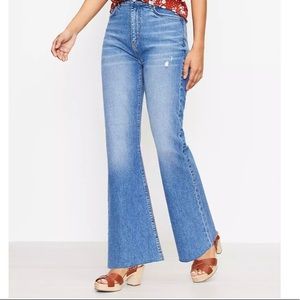 Loft Fresh Cut High Rise Sandal Flare Jeans in Staple Mid Indigo Wash